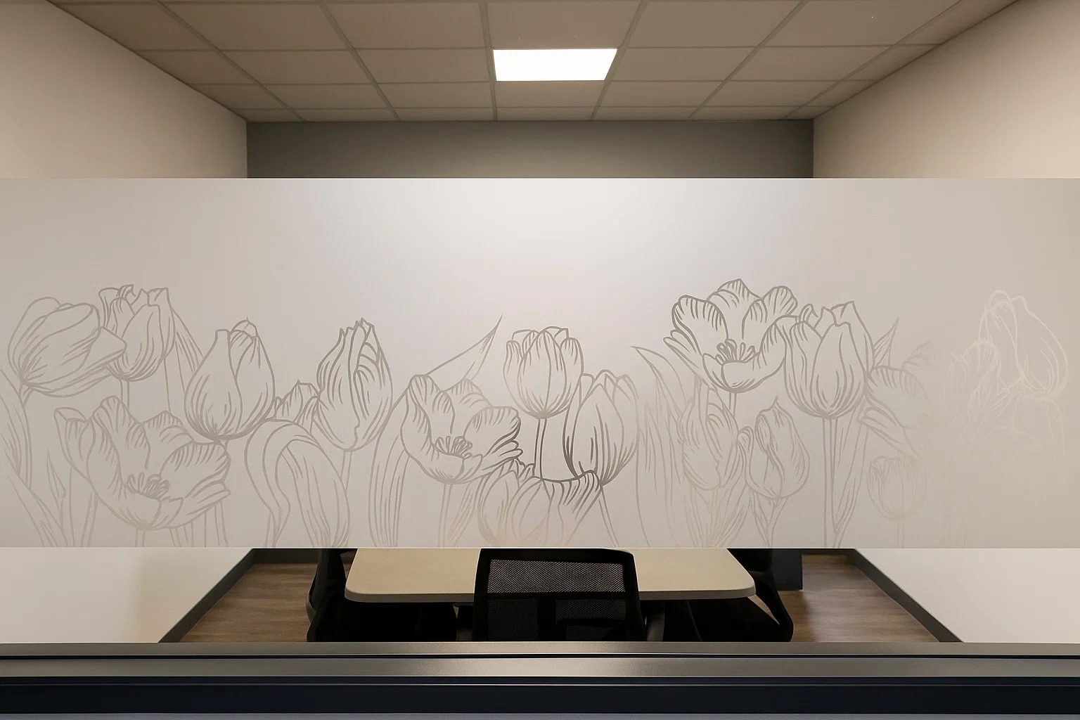 Mattierte Glasfläche mit floraler Tulpen-Illustration als Sichtschutz in einem Besprechungsraum, gestaltet von IFFLAND.