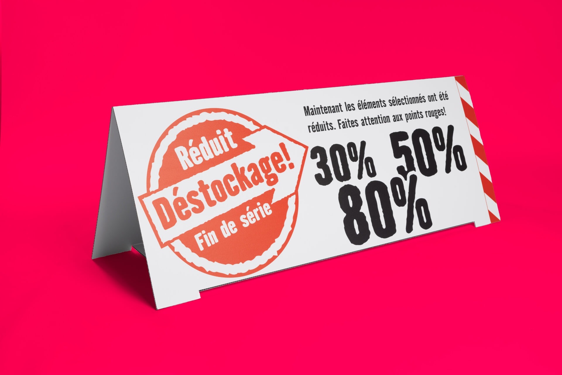 Französischsprachiger Aufsteller „Déstockage!“ mit Rabattangaben, produziert für Aktionsverkauf durch IFFLAND.