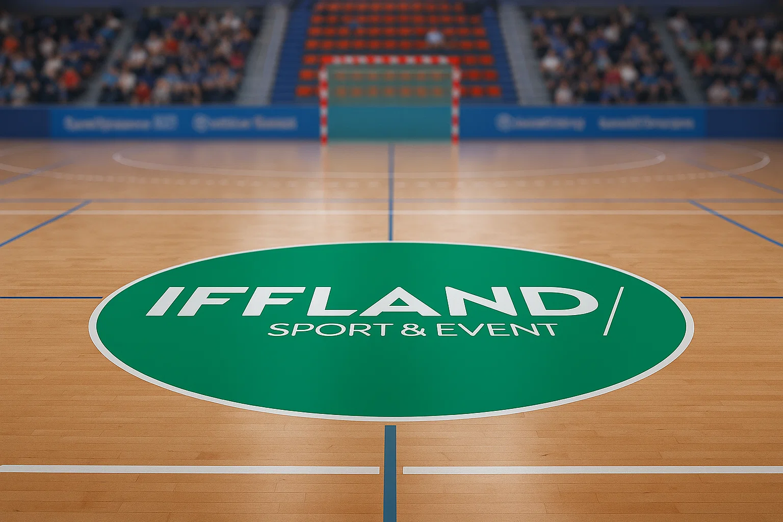 Grüne Bodenaufkleber mit IFFLAND SPORT & EVENT Logo mittig auf Hallenboden, umgesetzt als Werbetechnik in einer Sporthalle.