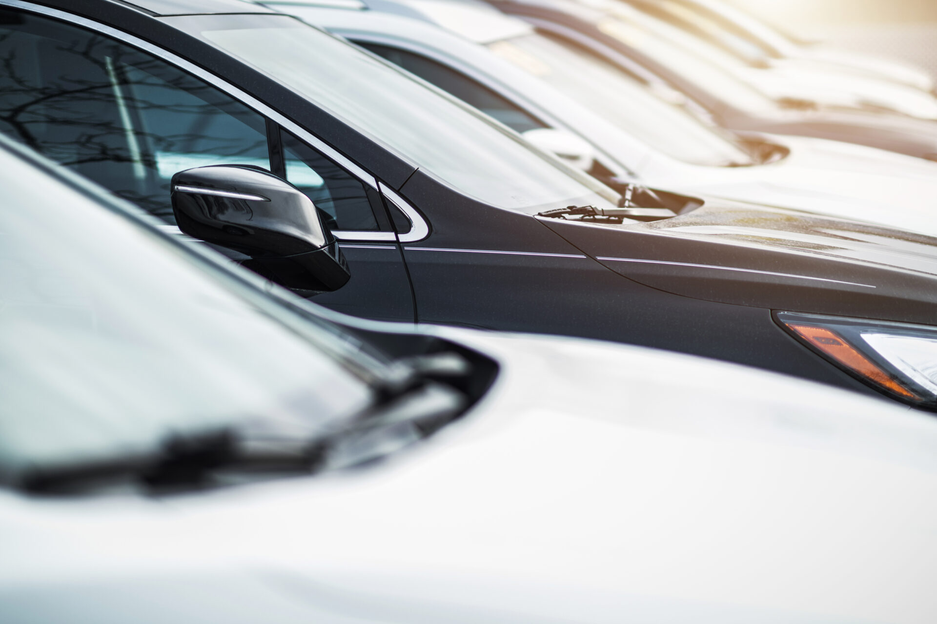 Reihe moderner Autos auf einem Parkplatz, eng nebeneinander geparkt mit Fokus auf Seitenspiegel und Frontpartie bei Tageslicht.